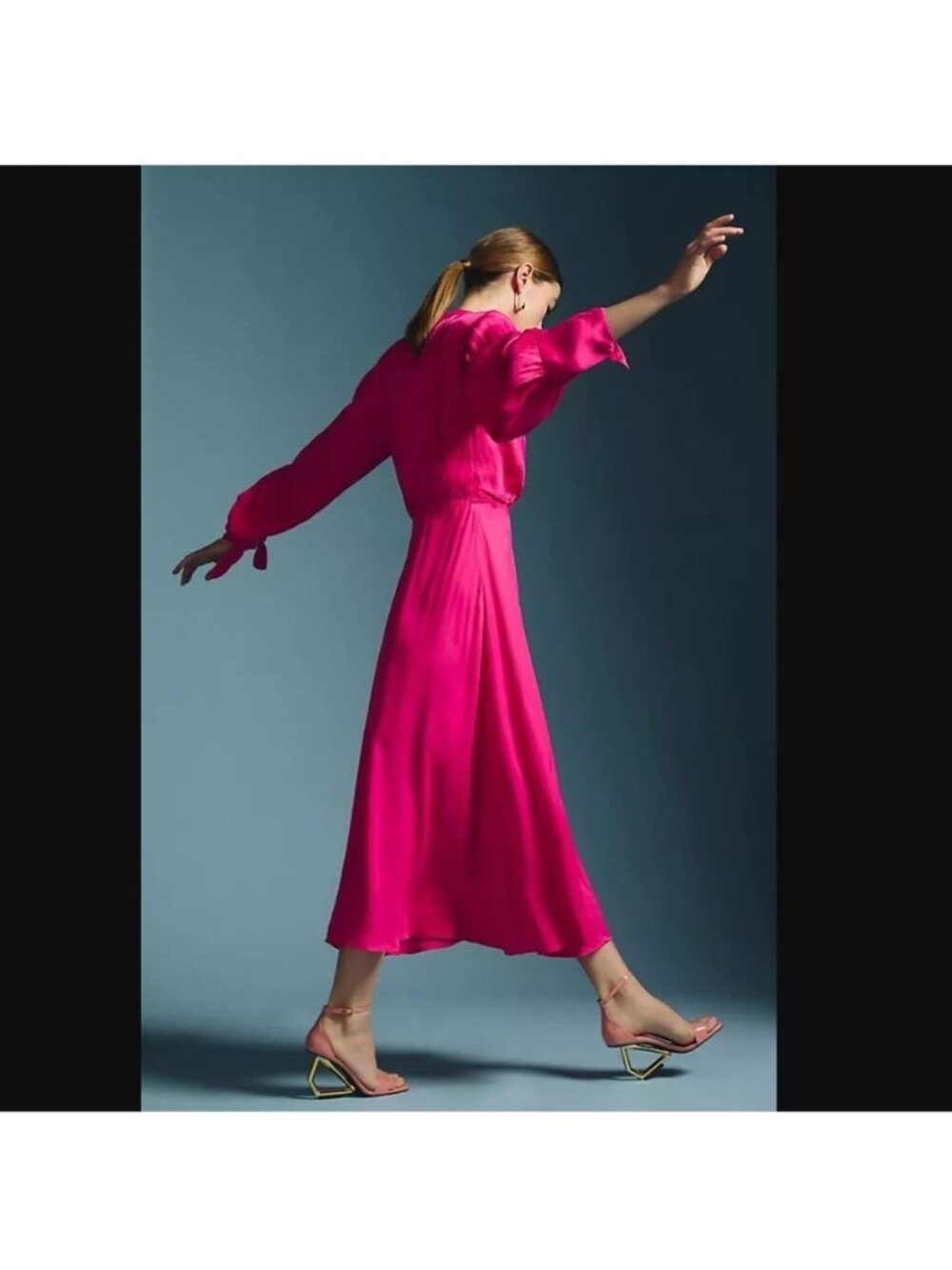 Anthropologie Farm Rio Pink Cut Out Shoulder Pad Satin Maxi Dress L NEW - Picture 5 of 15
